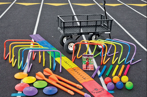 How Schools Can Build a Stronger Athletics Program Without Overbuying 5 Colorful athletics training equipment arranged on a running track, including mini hurdles, cones, balls, batons, and a utility cart.